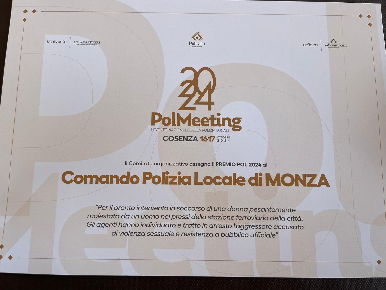 La Polizia Locale di Monza premiata al PolMeeting di Cosenza